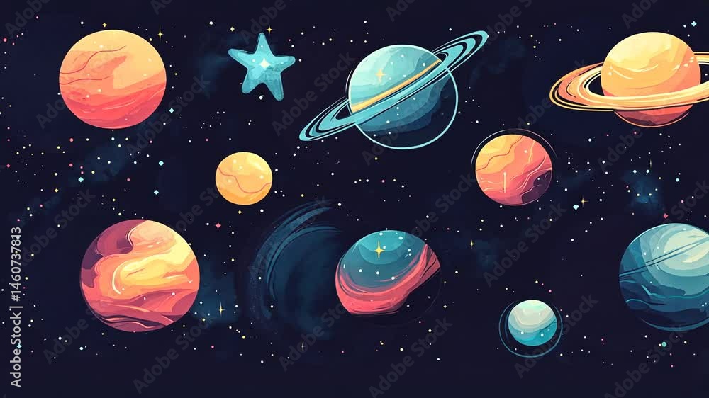 Colorful illustration of planets and stars in space Colorful illustration of planets and stars in space