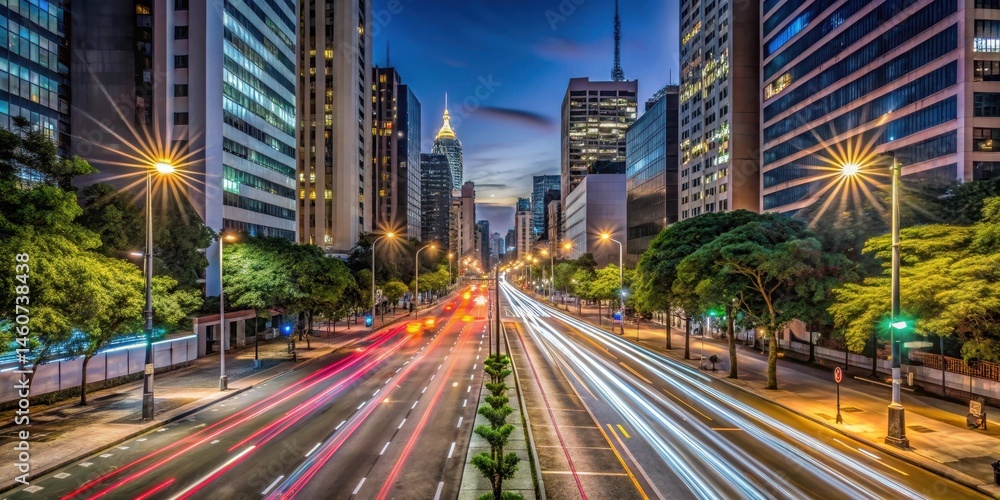 Fototapeta premium Time-lapse of Avenue Paulista at night with streetlights and traffic lights , sao paulo, brazil