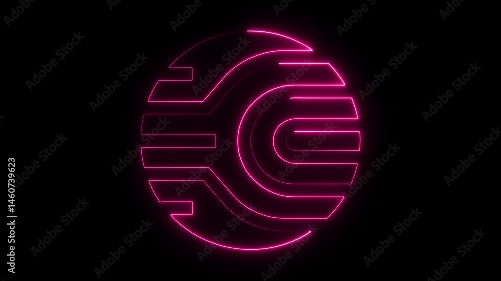 Glowing pink neon abstract circle shape on black background for technology branding