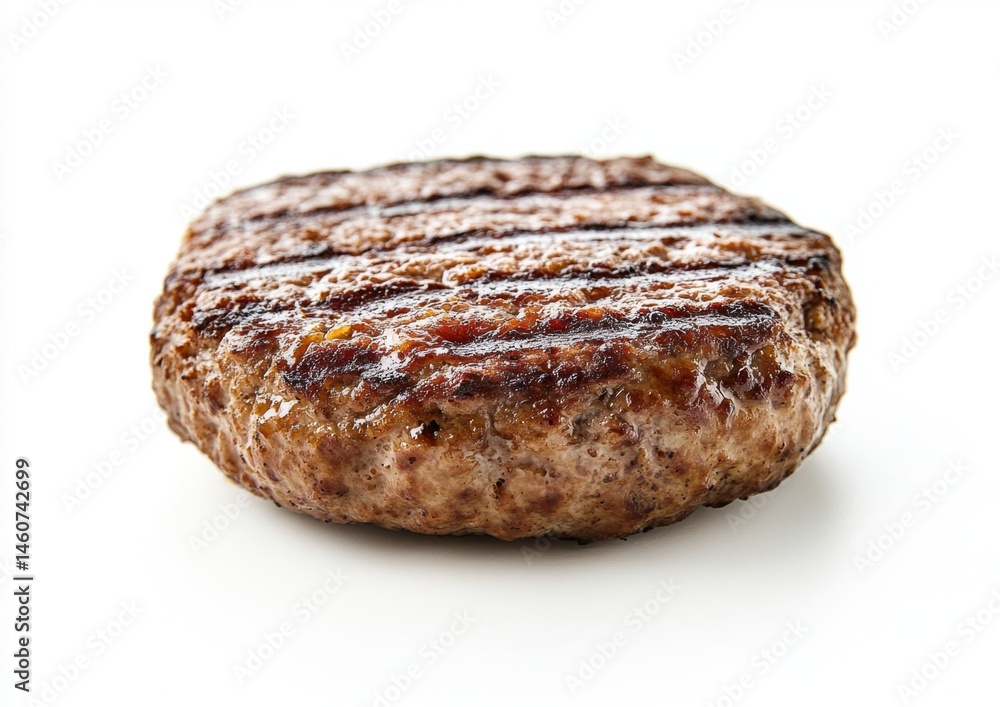 A cooked hamburger patty, browned and slightly charred, shows grill marks A cooked hamburger patty, browned and slightly charred, shows grill marks