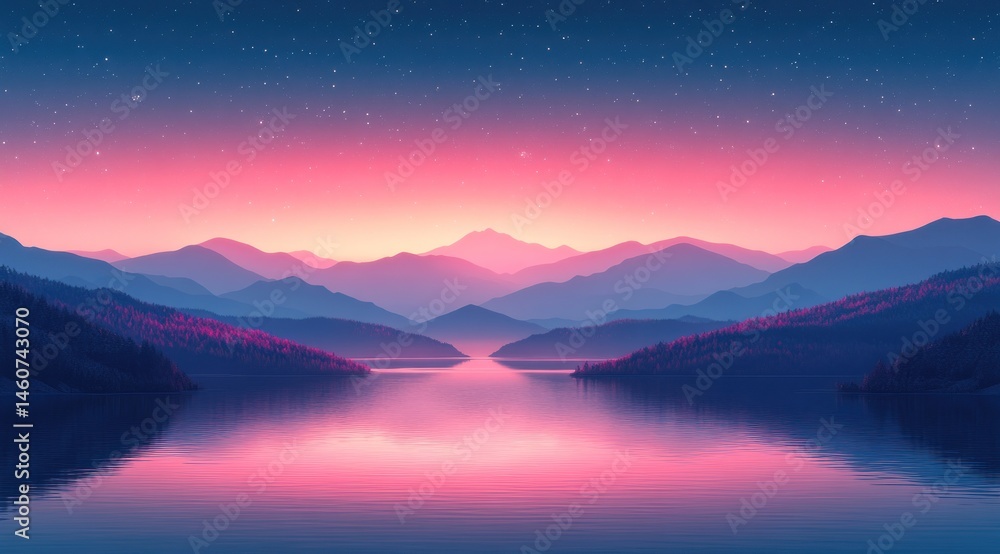 Fototapeta premium A serene lake surrounded by mountains at twilight.