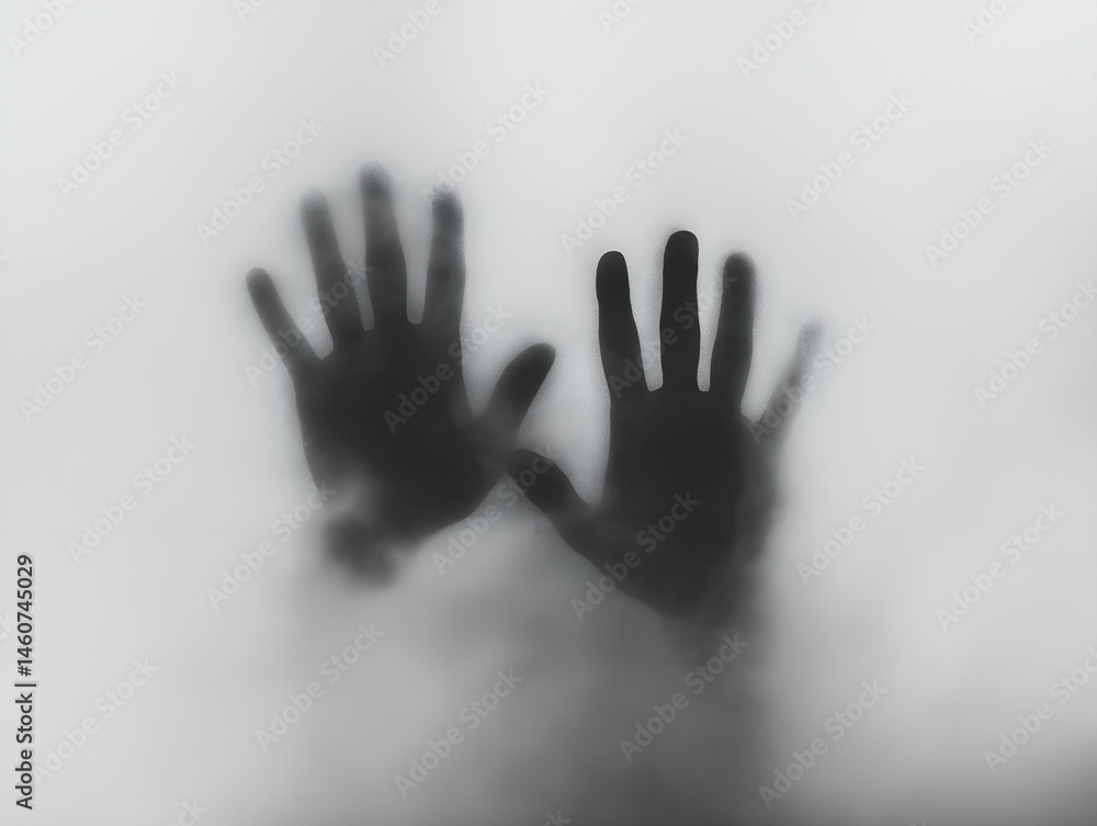 two hands pressed against fogged glass, grayscale, ghostly impression, mysterious scene two hands pressed against fogged glass, grayscale, ghostly impression, mysterious scene