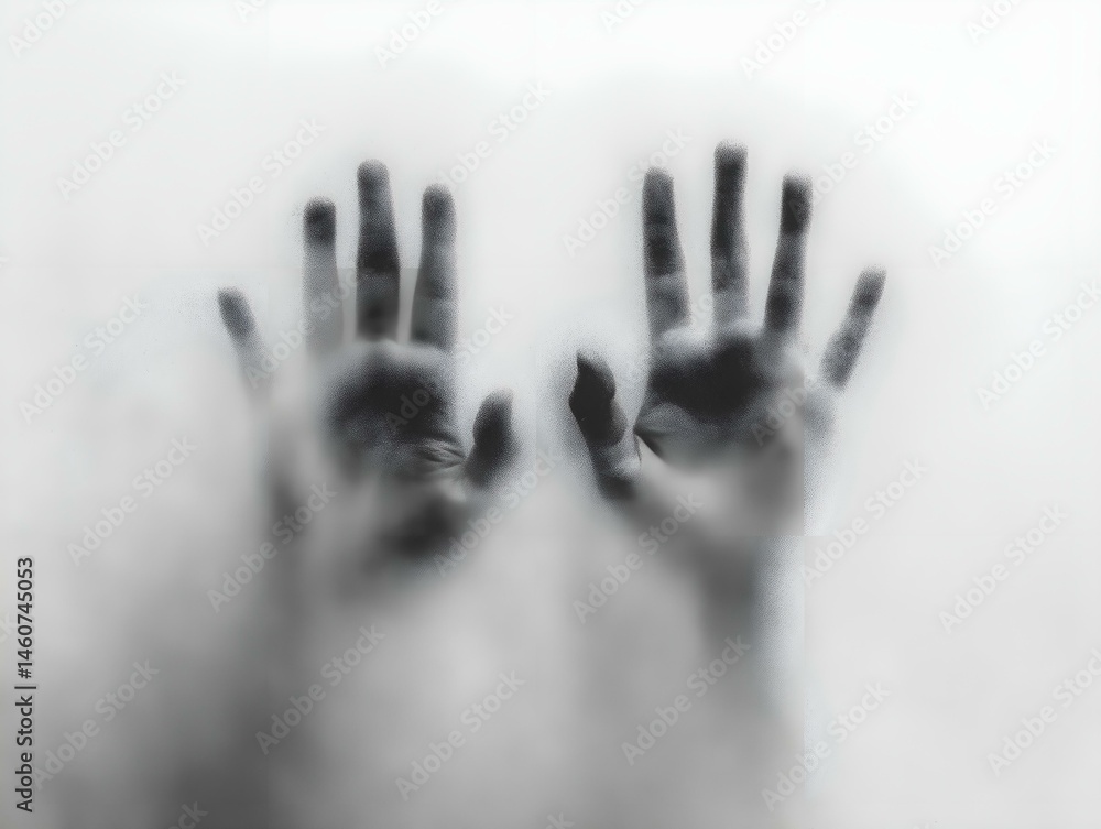 pair of hands touching frosted glass, muted tones, contemplative, obscured details pair of hands touching frosted glass, muted tones, contemplative, obscured details