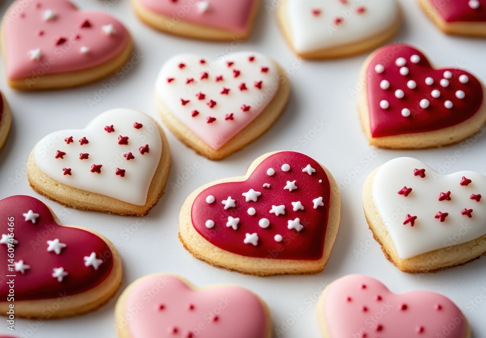 Heart Shaped Cookies with Pink, Red and White Icing and Sprinkles Heart Shaped Cookies with Pink, Red and White Icing and Sprinkles