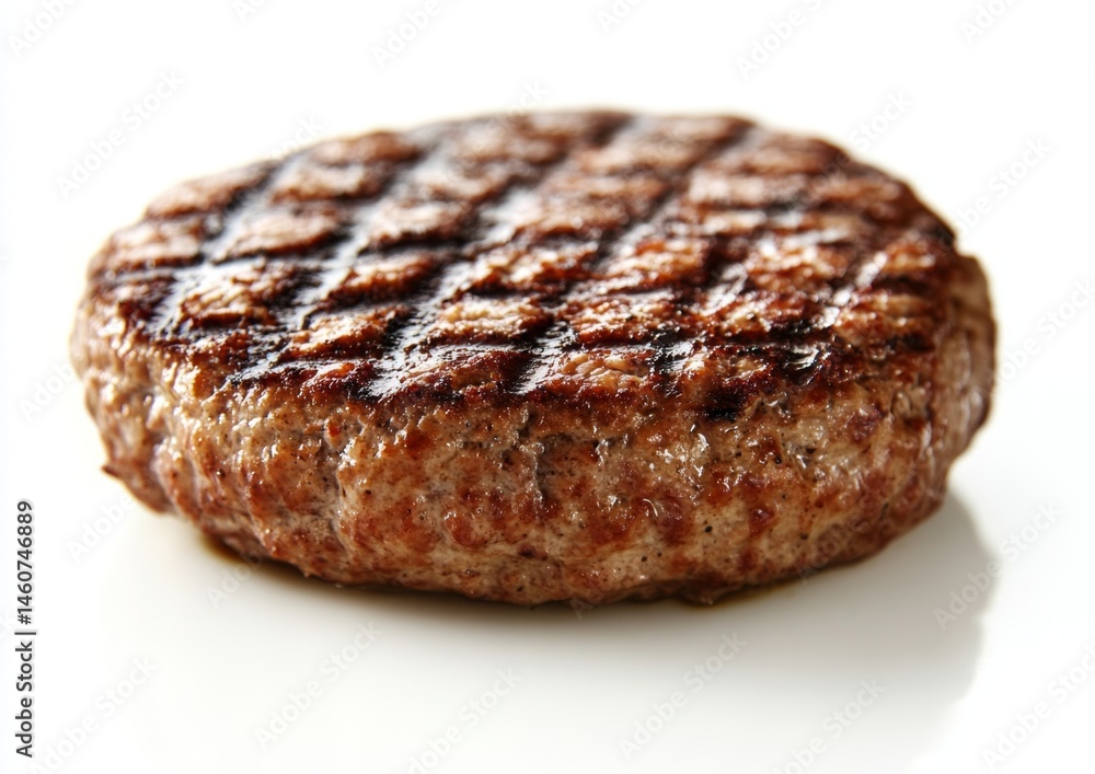 Close-up of a cooked hamburger patty with grill marks Close-up of a cooked hamburger patty with grill marks