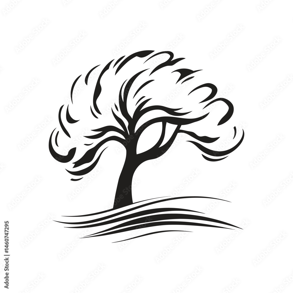Minimalist Tree with Curved Lines Against Transparent Backdrop Minimalist Tree with Curved Lines Against Transparent Backdrop