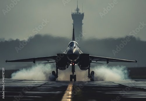 Wallpaper Mural Military Jet Taking Off on Runway Under Grey Sky Torontodigital.ca