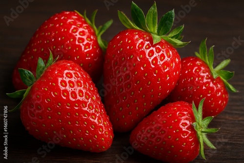 Wallpaper Mural Ripe Red Strawberries with Green Leaves on Dark Wooden Background Torontodigital.ca