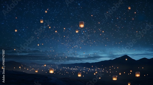 Sky filled with floating lanterns at night
