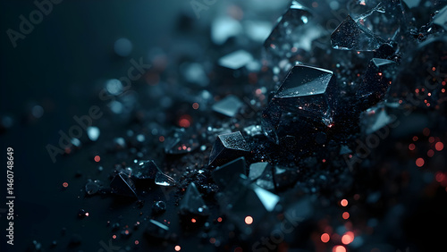 Shattered glass fragments with iridescent reflections in soft cinematic light, futuristic abstract background with neon metallic glow, luxury tech-inspired digital composition
