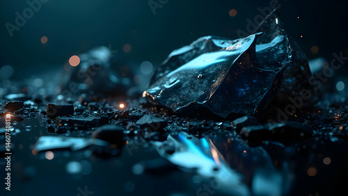 Shattered glass fragments with iridescent reflections in soft cinematic light, futuristic abstract background with neon metallic glow, luxury tech-inspired digital composition