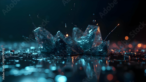 Shattered glass fragments with iridescent reflections in soft cinematic light, futuristic abstract background with neon metallic glow, luxury tech-inspired digital composition