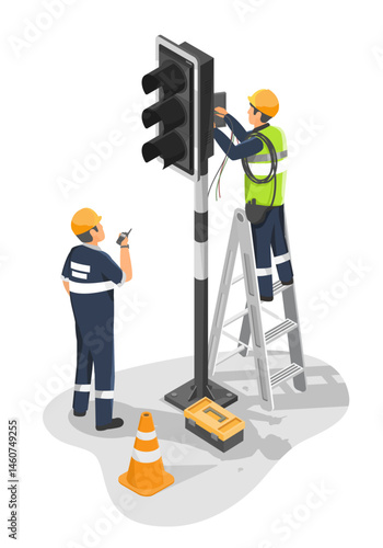 Technicians repairing traffic light wiring system on a ladder with tools and safety equipment during urban signal maintenance work isometric