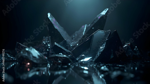 Shattered glass fragments with iridescent reflections in soft cinematic light, futuristic abstract background with neon metallic glow, luxury tech-inspired digital composition