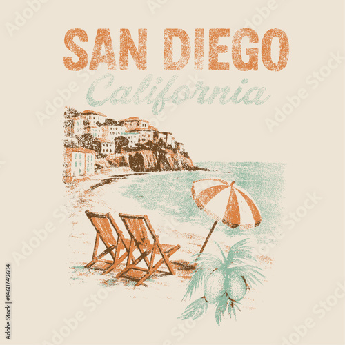 San Diago California beach. Vintage hand drawing adventure surfing vector. tropical vintage retro graphics. summer beach graphics. vintage t-shirt design. summer graphic tee. girls fashion design. 