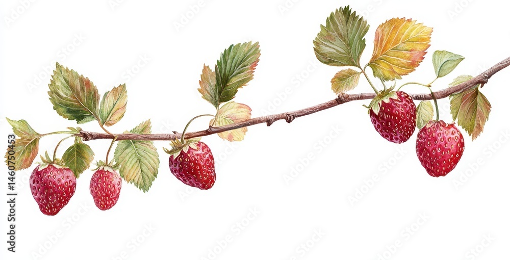 Ripe Red Raspberries on Branch with Green and Yellow Leaves Ripe Red Raspberries on Branch with Green and Yellow Leaves