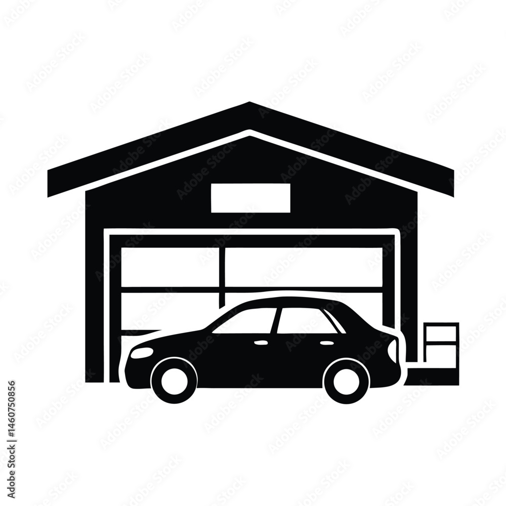 Fototapeta premium Simple Black Silhouette of Car in Garage Icon