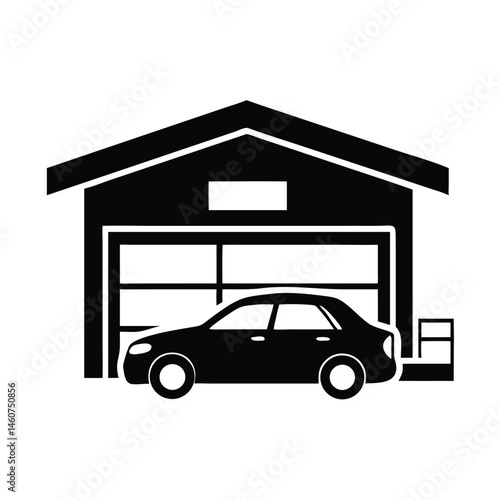 Simple Black Silhouette of Car in Garage Icon