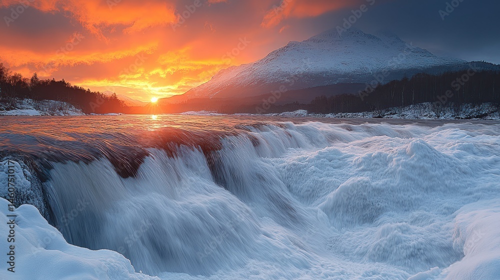Fototapeta premium Majestic mountain sunset over snowy falls cascade in a frigid landscape