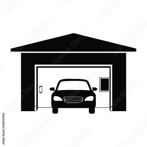Simple Black Silhouette of Car in Garage Icon