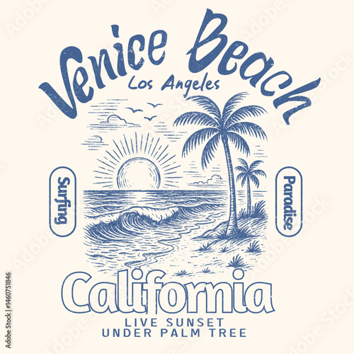 Venice Beach los angeles in California. vintage hand drawn summer graphics. the beach. sunset beach paradise. surfing paradise in california. summer t-shirt design. vintage tshirt print design.