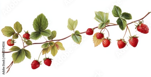 Wild Strawberry Branch Botanical Illustration Red Berries Green Leaves White Background