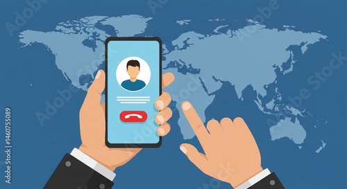 Hand holding smartphone with call interface against world map  