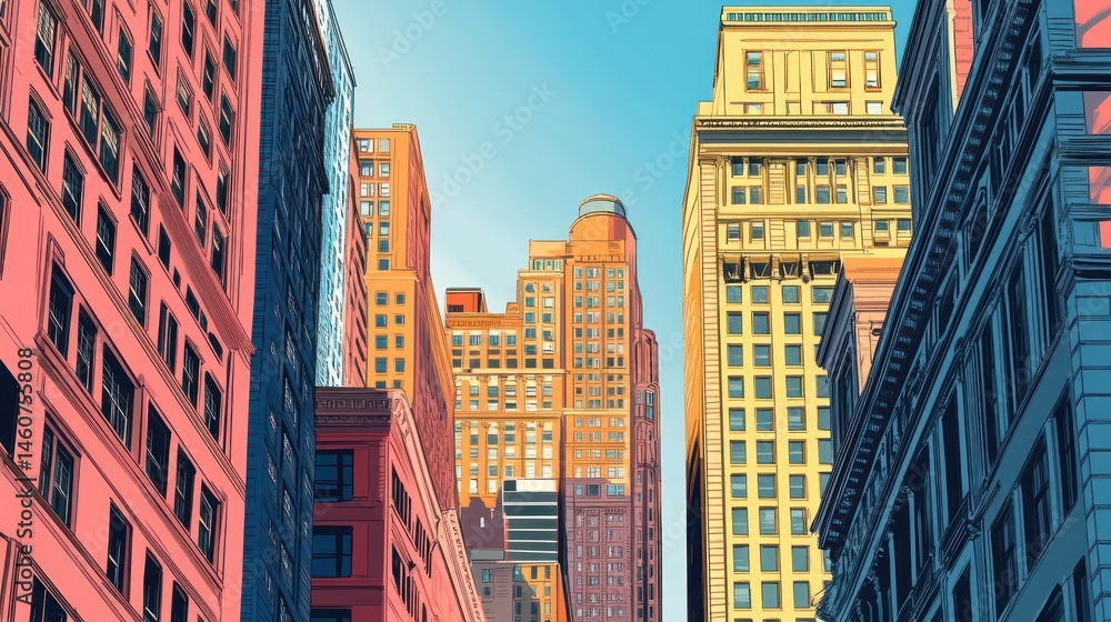 Fototapeta premium Vibrant urban canyons: A geometric study of buildings reaching for the sky