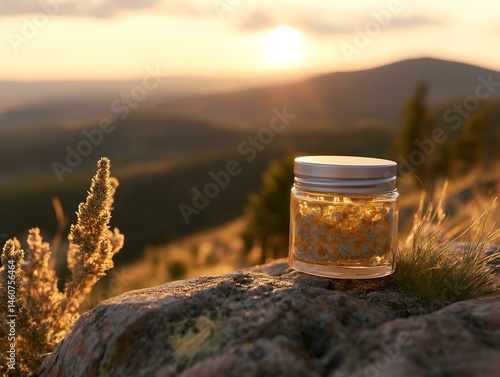 product photography, jar, sunset, mountain landscape, natural setting, golden hour lighting