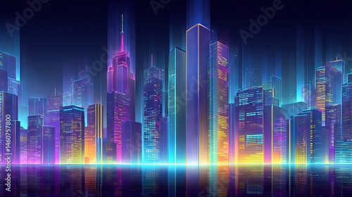 Futuristic vector cityscape with neon lights and modern urban architecture in a high-tech digital landscape