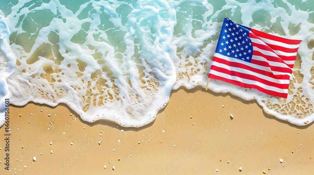 Obraz premium Flag Day Beach Background: Red Flags Dance with the Waves under the Sun, Spreading a Joyful Summer Anthem of Golden Sands, Blue Seas and Fluttering Flags
