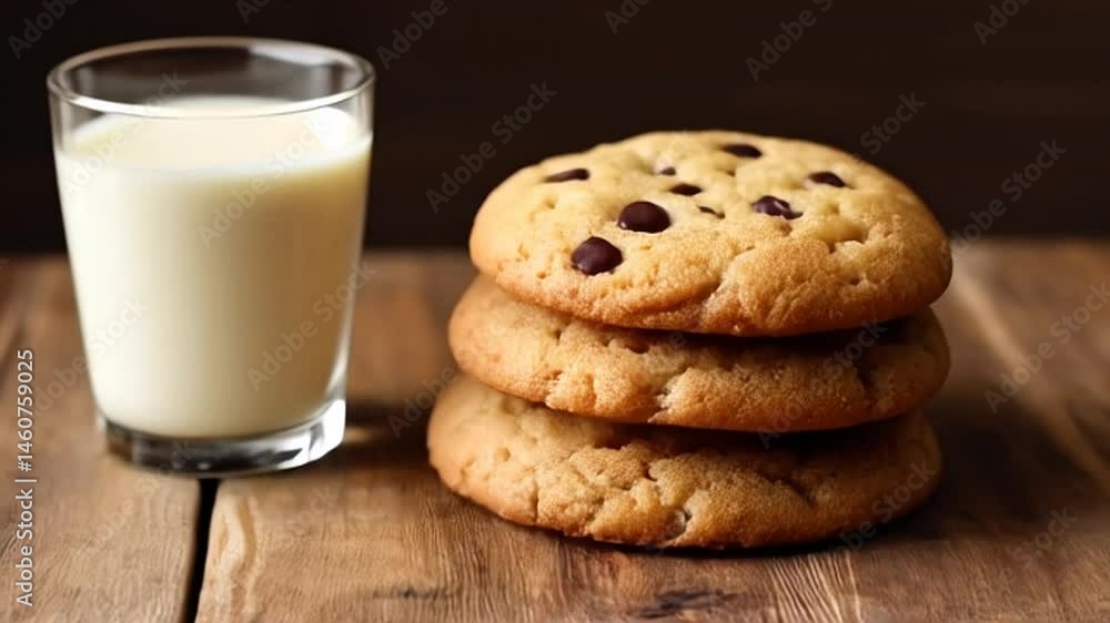 Stacked Chocolate Chip Cookies with Refreshing Milk on Rustic Wooden Table Top for Holiday Decoration and Symbol of Christmas Stacked Chocolate Chip Cookies with Refreshing Milk on Rustic Wooden Table Top for Holiday Decoration and Symbol of Christmas