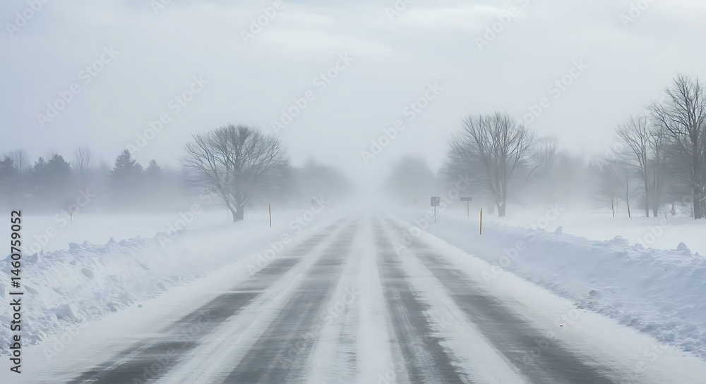 Snowy Winter Road on a Cold Day – Seasonal Landscape Scene Snowy Winter Road on a Cold Day – Seasonal Landscape Scene