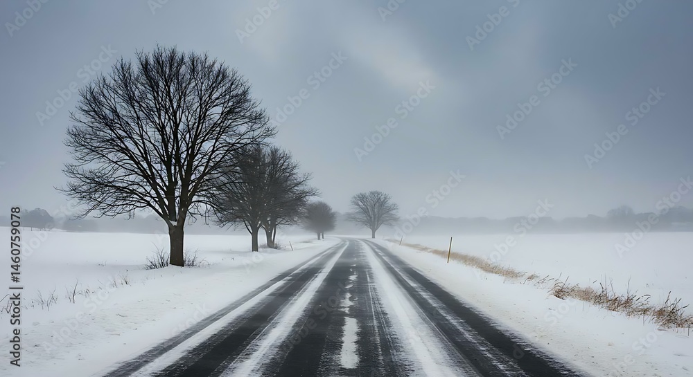Snowy Winter Road on a Cold Day – Seasonal Landscape Scene Snowy Winter Road on a Cold Day – Seasonal Landscape Scene