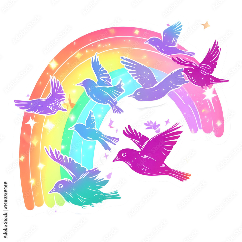 Fototapeta premium Colorful birds soaring beneath a vibrant rainbow nature illustration whimsical style bright environment
