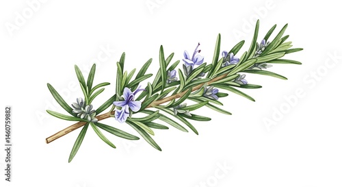 Botanical Watercolor: Delicate Rosemary Sprig with Blossoms AI Generated