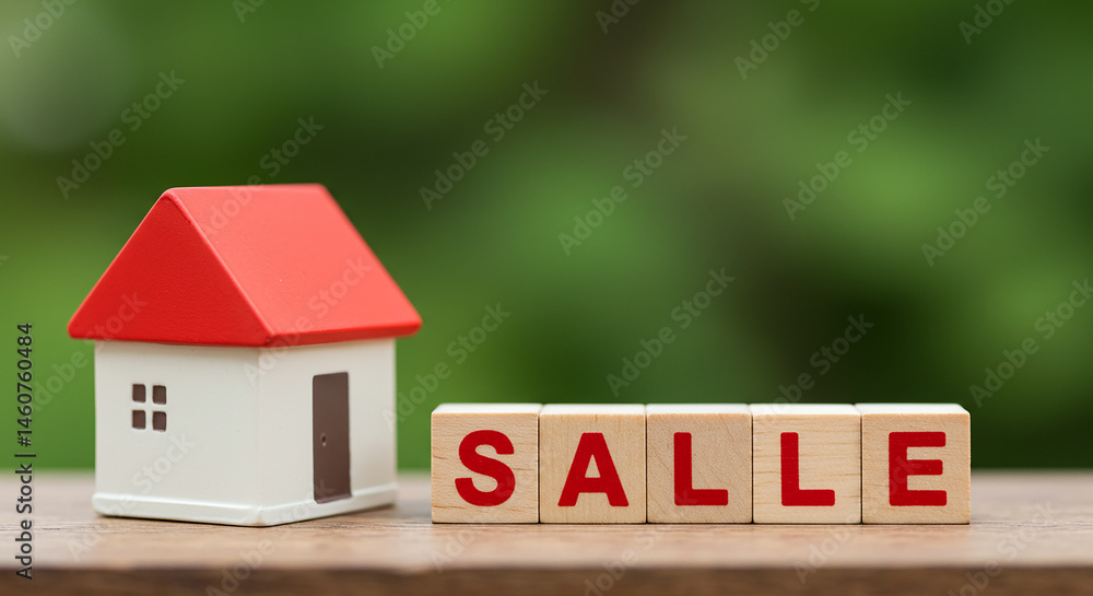 Property for sale concept with miniature white house featuring red roof beside wooden blocks spelling SALLE, real estate marketing and housing market theme Property for sale concept with miniature white house featuring red roof beside wooden blocks spelling SALLE, real estate marketing and housing market theme