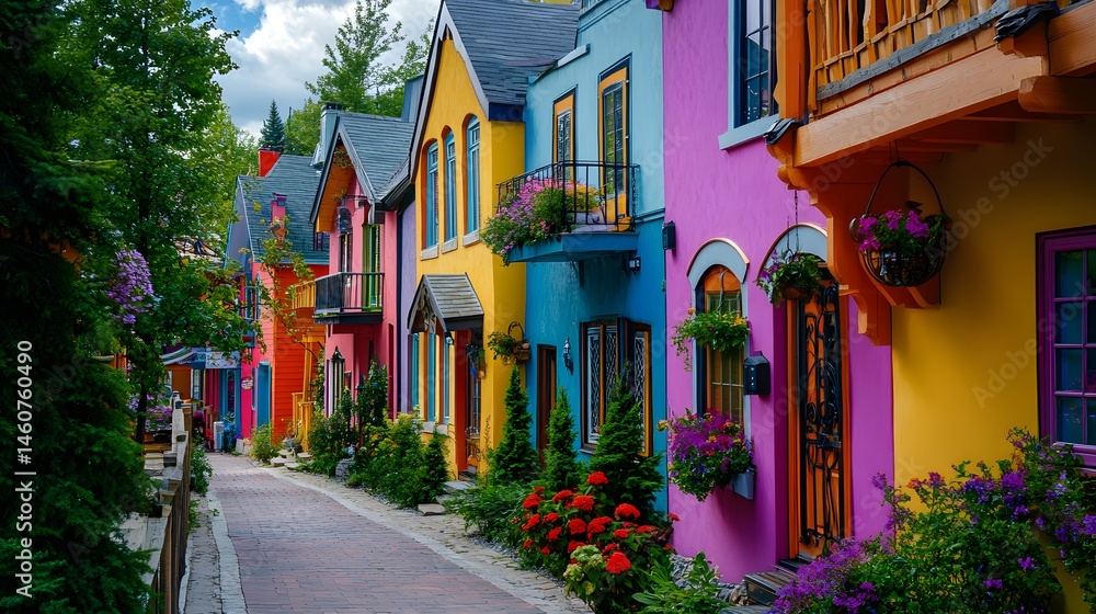 Fototapeta premium Mont-Tremblant village in Quebec, colorful buildings and surrounding nature