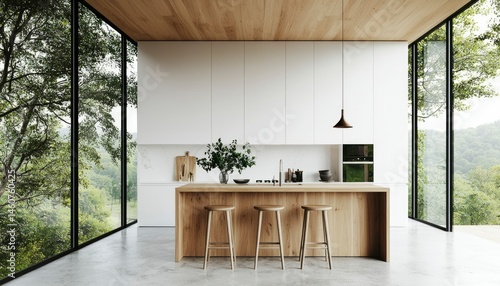 Modern kitchen with large windows