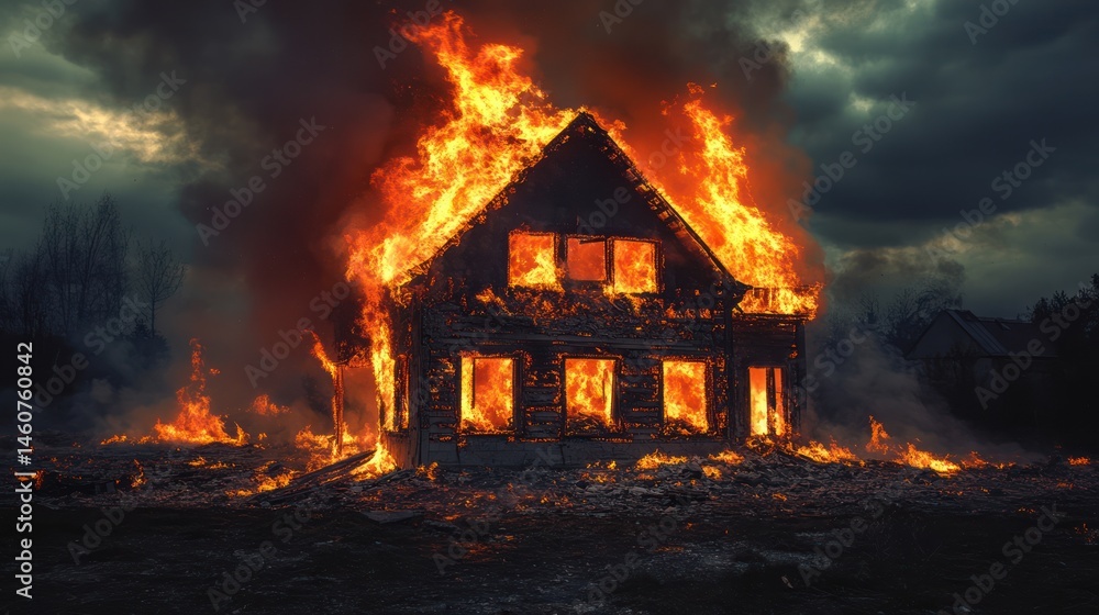 Devastating inferno consuming residential building, symbolizing tragedy and loss Devastating inferno consuming residential building, symbolizing tragedy and loss