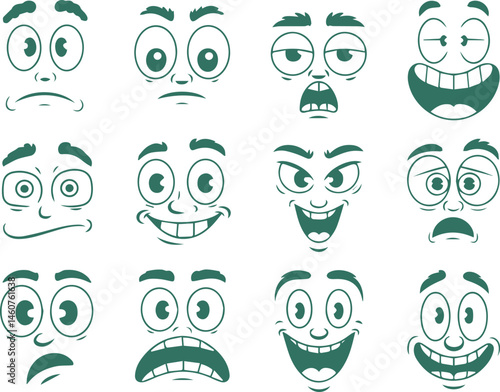 Cartoon faces with different expressions in line art style green color