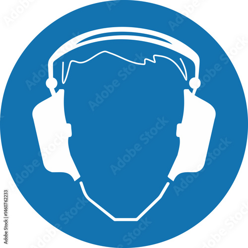 Wear Ear Protection Symbol Wear ear protection sign. Vector illustration of circular blue sign with human head wearing headphones icon inside. Hearing protection symbol isolated on white background