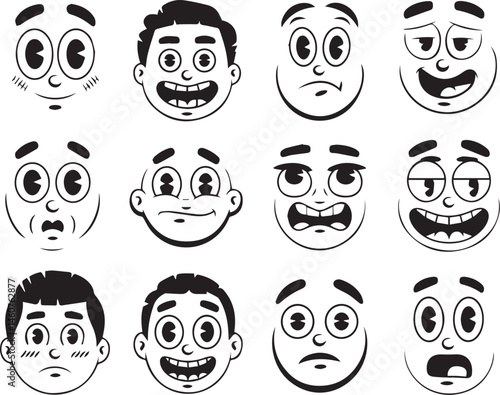Cartoon character faces with varied emotions in black and white style