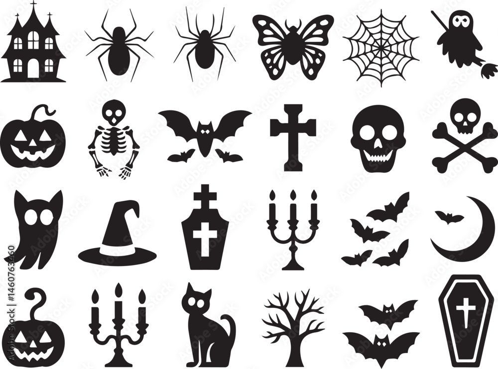 Halloween black silhouettes spooky icons collection vector design elements creepy decorative graphic symbols Halloween black silhouettes spooky icons collection vector design elements creepy decorative graphic symbols
