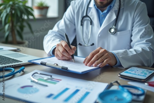Close-up of a doctor signing medical documents at a desk.