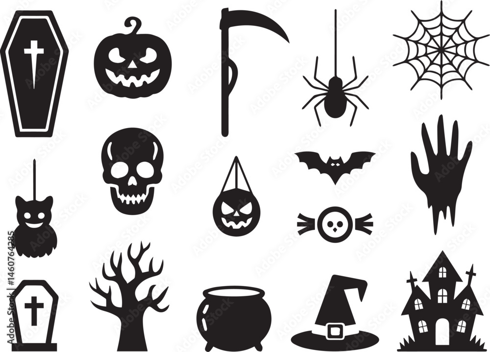 Fototapeta premium Halloween silhouette vector icons set featuring pumpkin skull spider and haunted house