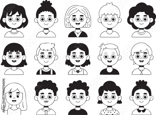 Collection of smiling children faces in black and white outline style illustration
