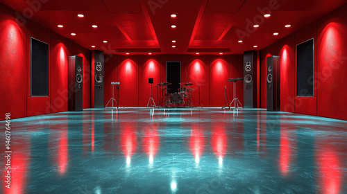 A 4K realistic 3D background showcases o creativity with musical instruments under red ambient lights in a side angle view, perfect for artistic projects.