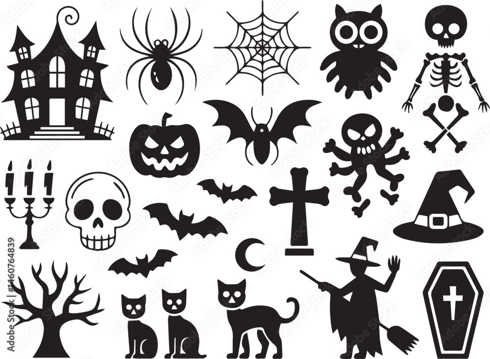 Obraz premium Black and white halloween vector silhouette set with spooky icons and elements