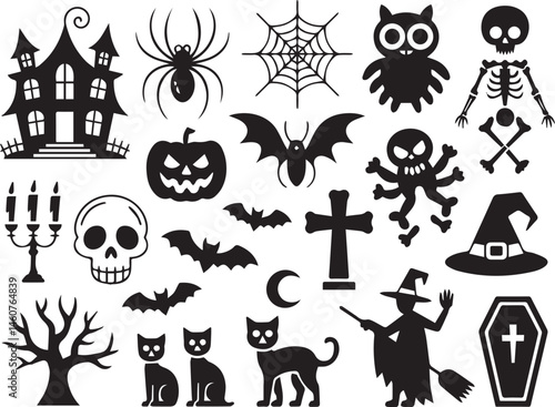 Black and white halloween vector silhouette set with spooky icons and elements